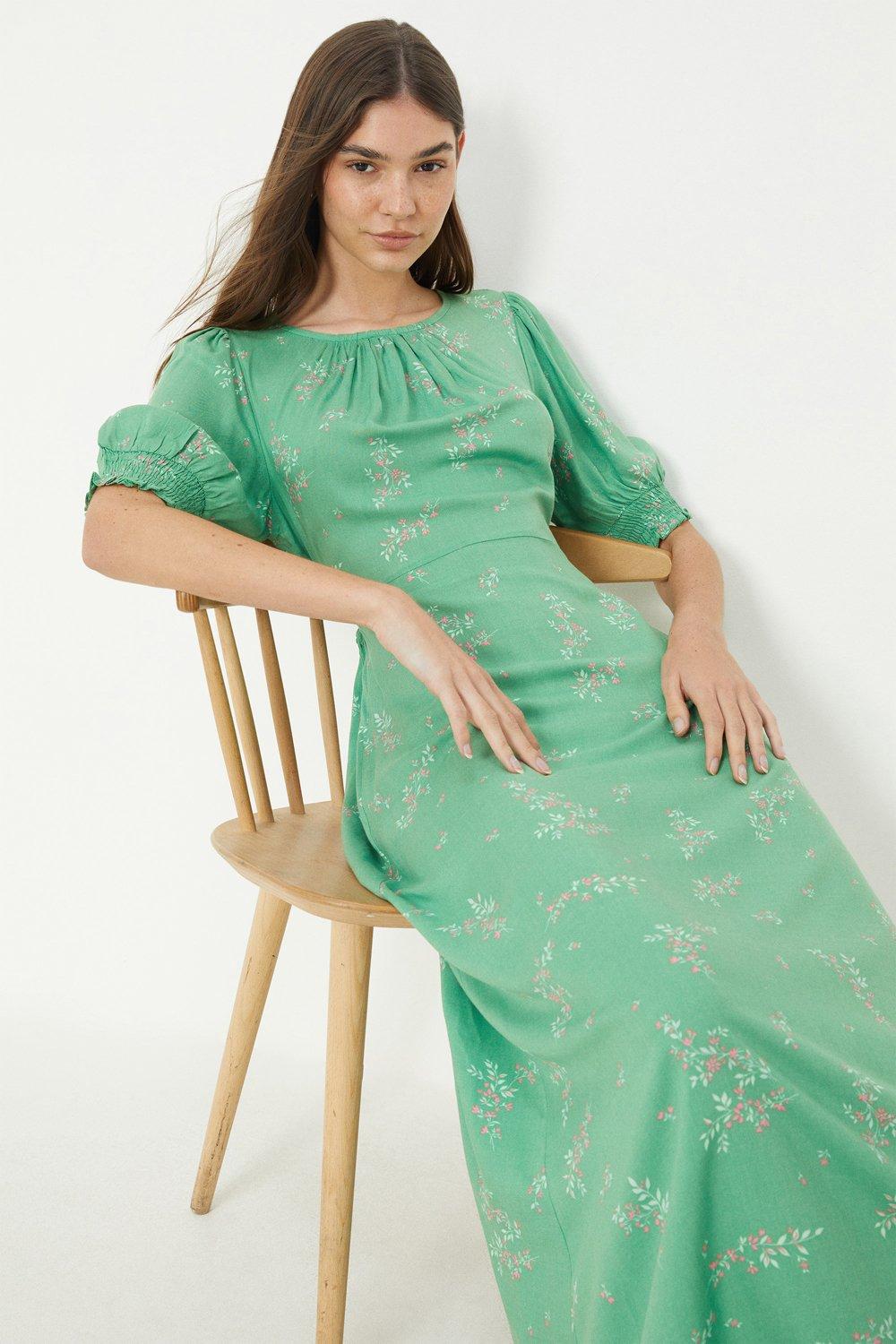 Womens Green Floral Print Shirred Cuff Midi Dress