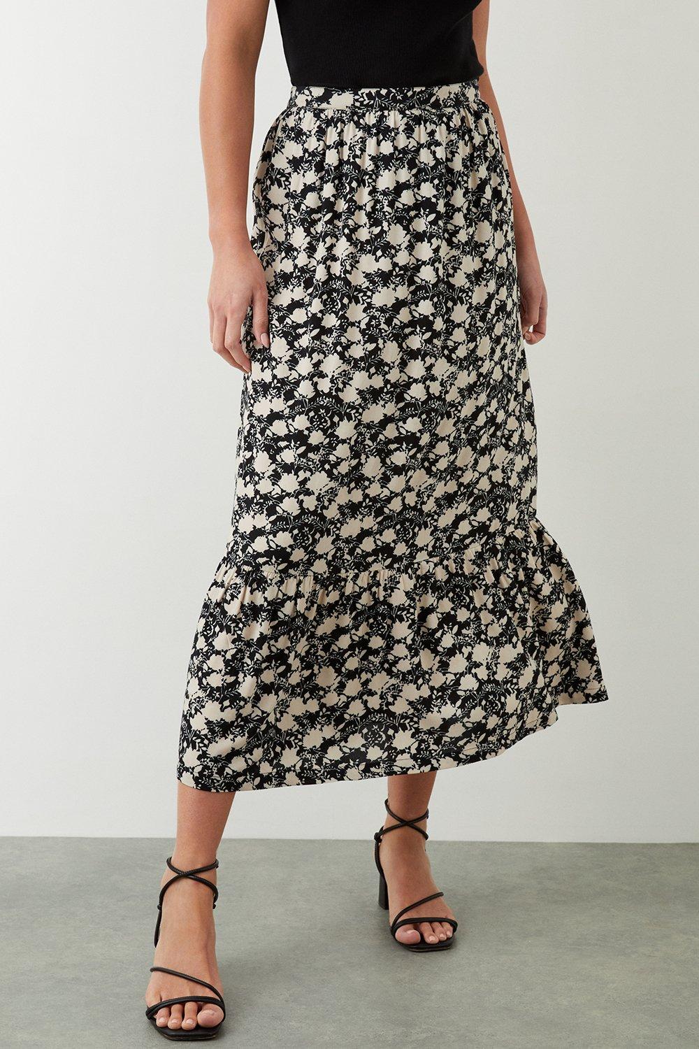 Skirts | Mono Floral Frill Hem Midi Skirt | Dorothy Perkins