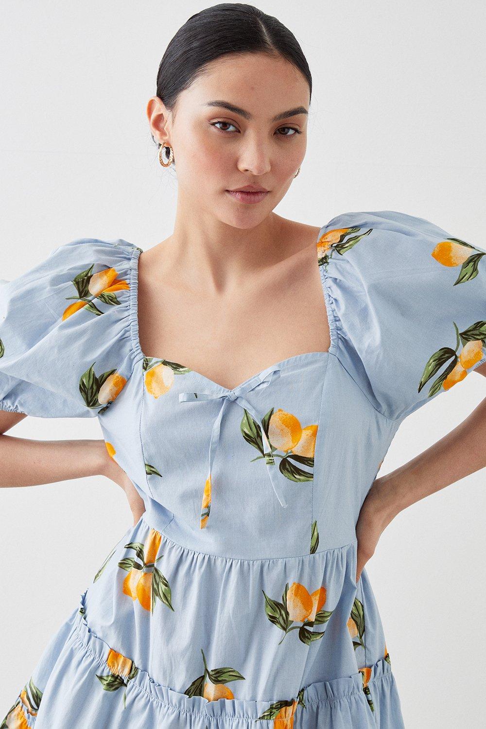 Women’s Petite Lemon Print Ruffle Mini Dress - blue - 4