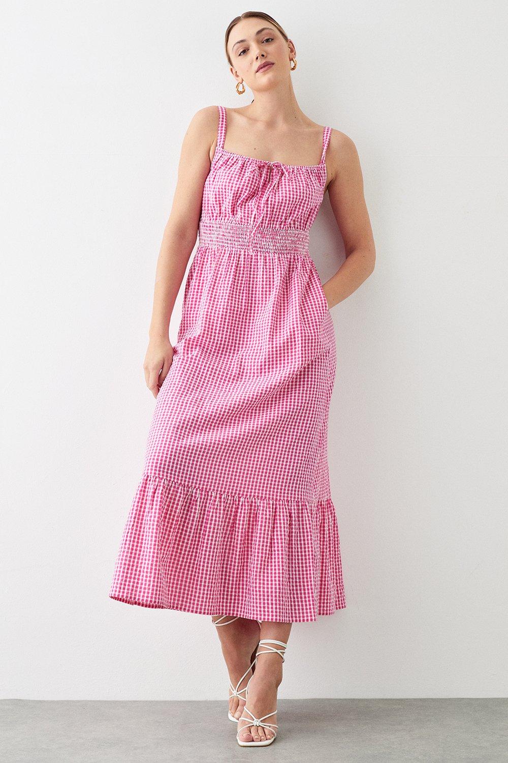 Dresses Tall Pink Gingham Shirred Waist Strappy Midi Dress Dorothy Perkins 7157