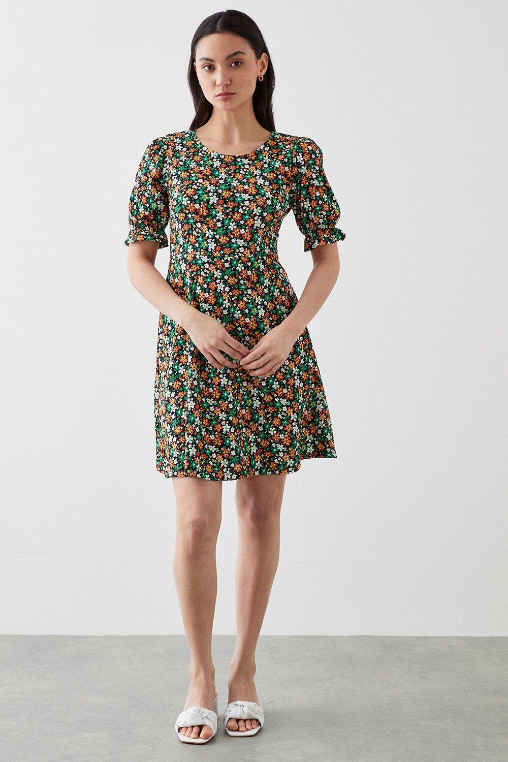 Women’s Petite Ditsy Floral Short Sleeve Mini Dress - multi - 12