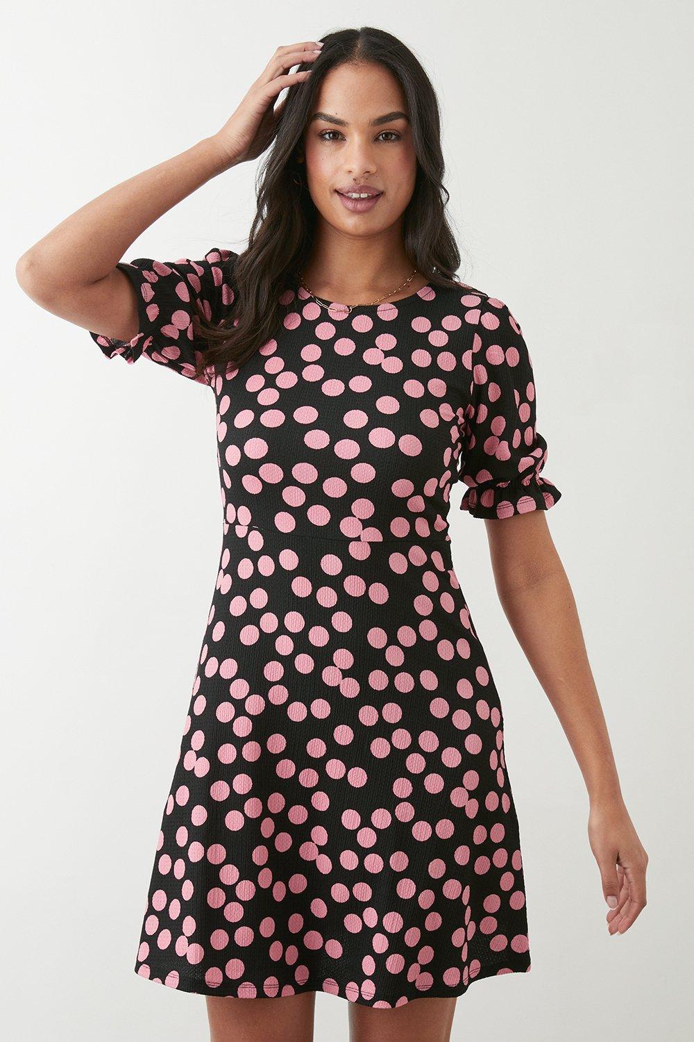 Women’s Pink Spot Short Sleeve Mini Dress - black - 8