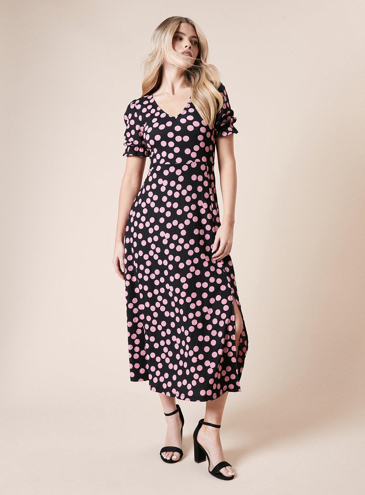 Womens Pink Spot Short Sleeve V Neck Midi Dress