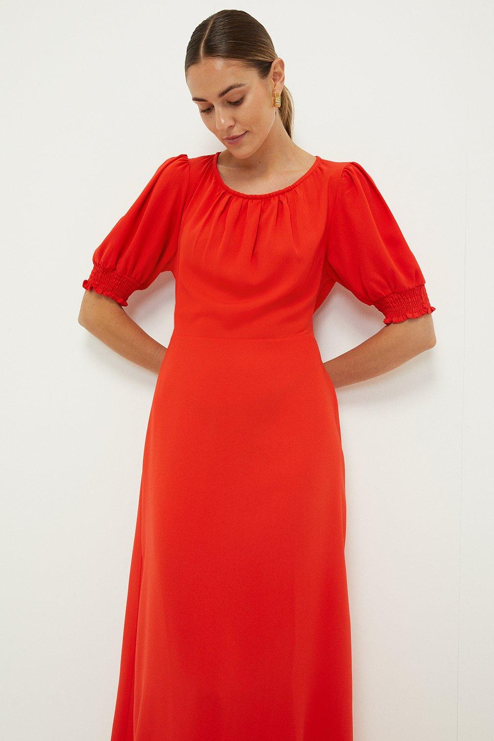 Womens Red Shirred Cuff Midi Dress