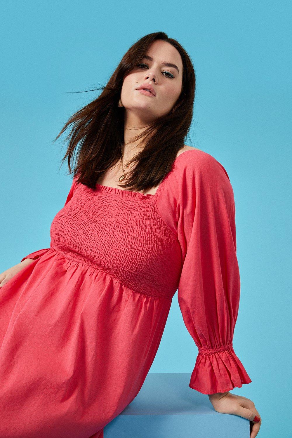 Women’s Curve Shirred Bodice Midi Dress - pink - 18