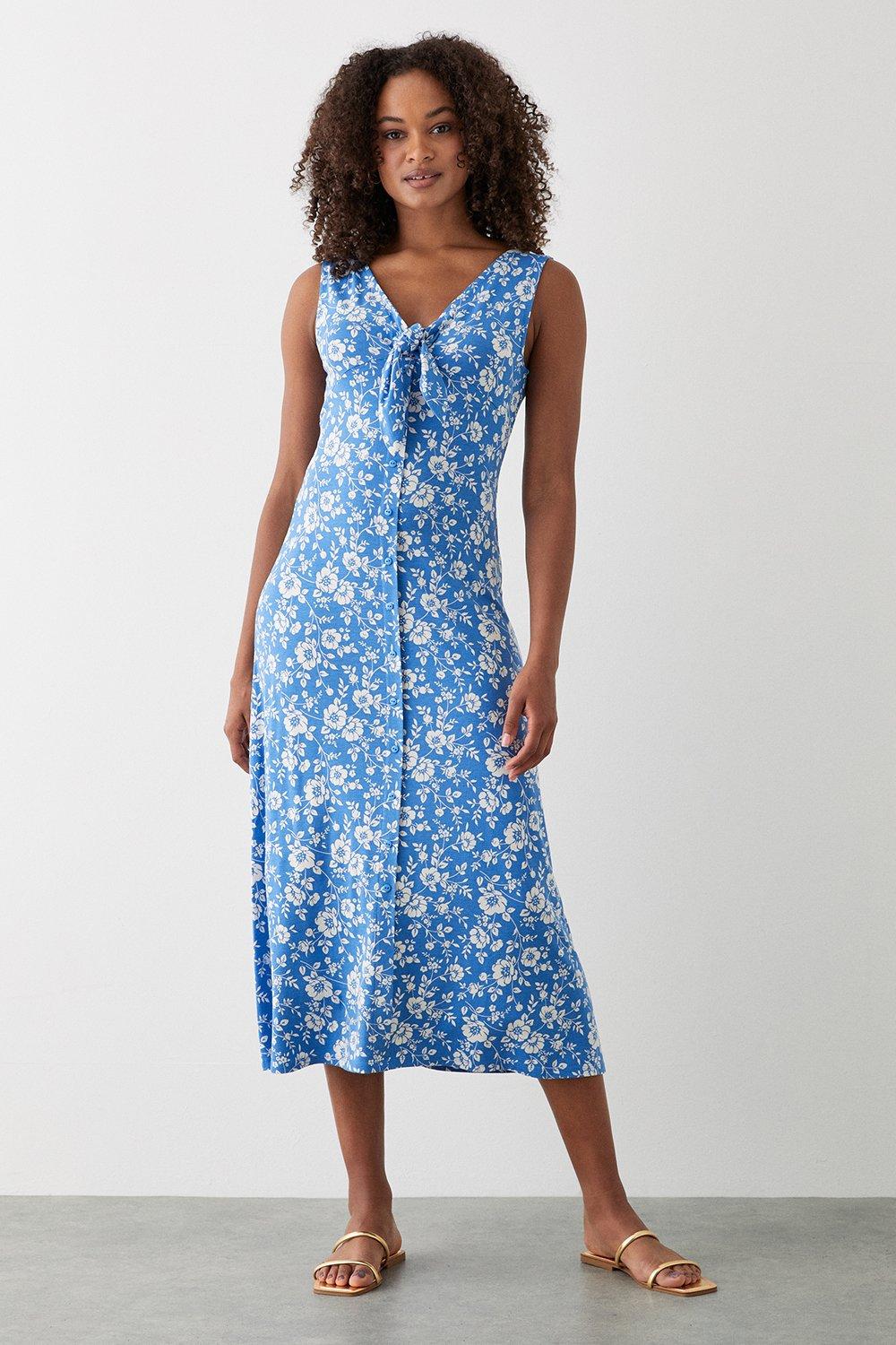 Womens Blue Floral Button Through Midi Dress