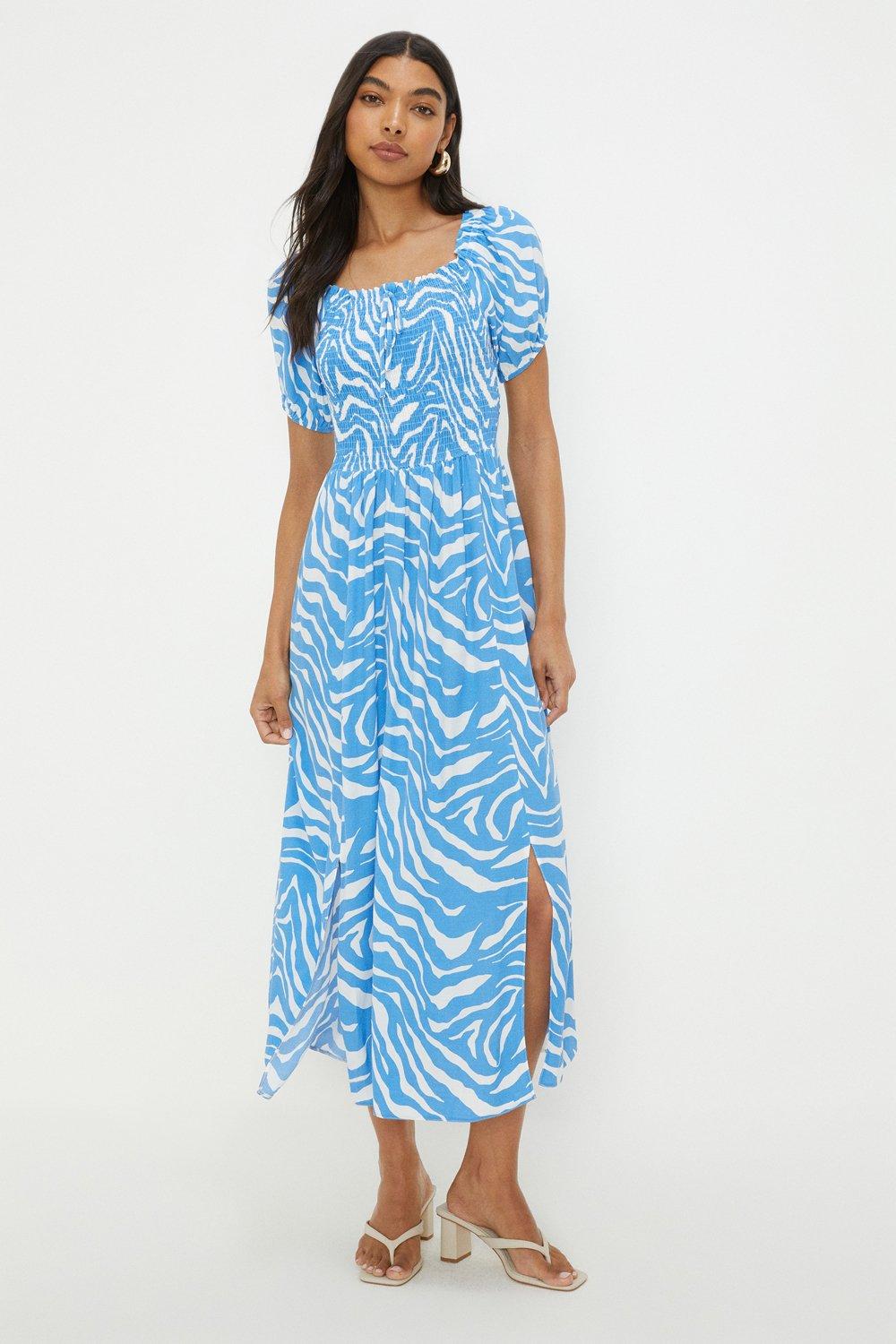 Womens Blue Zebra Shirred Bodice Midi Dress