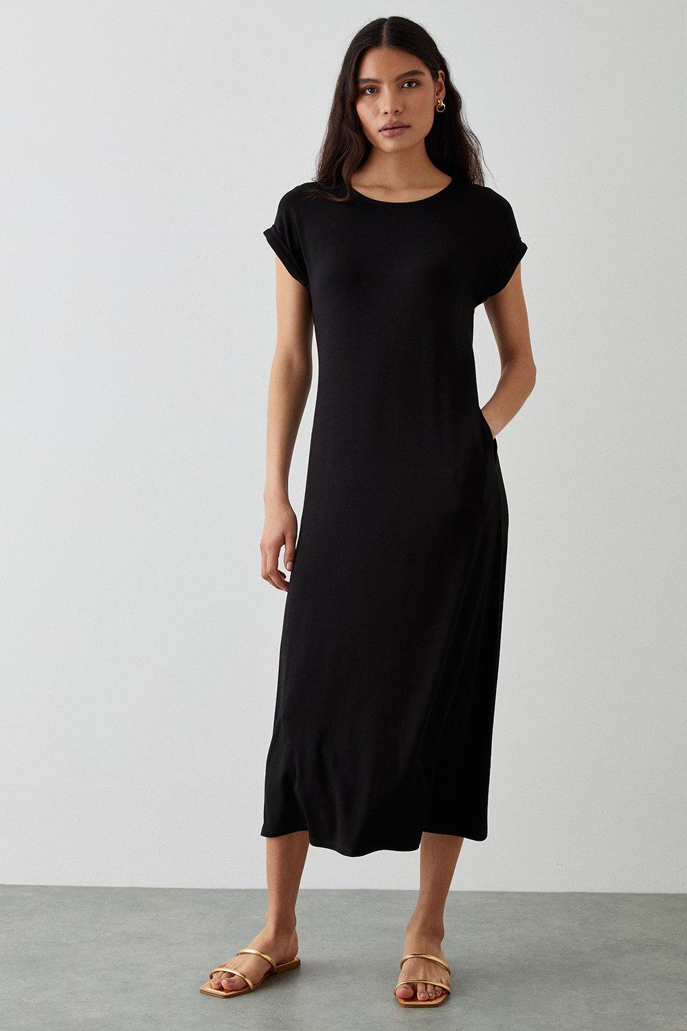 Womens Black Column Midi Dress With Pockets