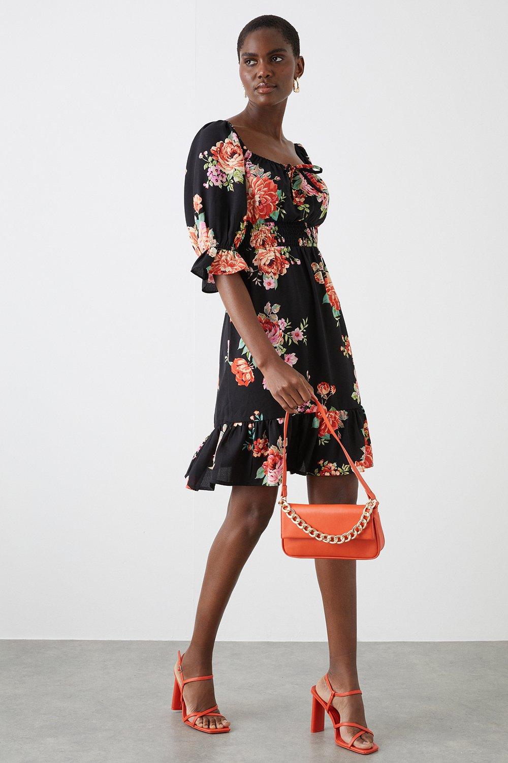 Women’s Tall Black Floral Print Shirred Waist Tiered Mini Dress - 8