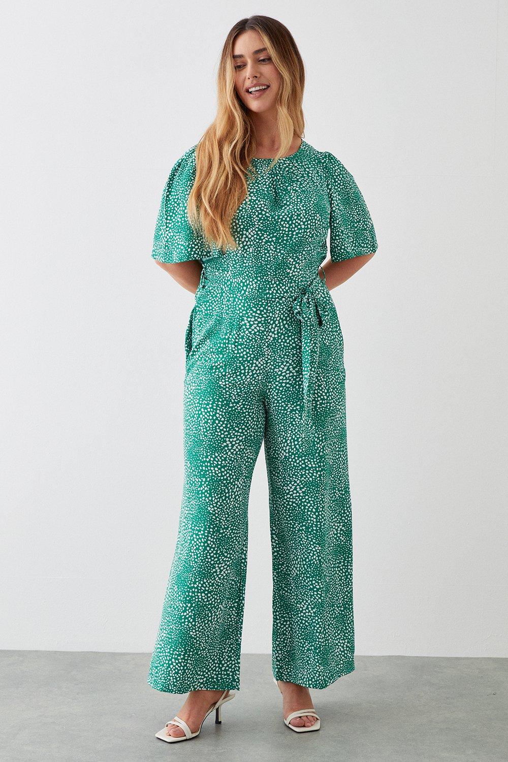 Jumpsuits | Green Spot Print Flutter Sleeve Jumpsuit | Dorothy Perkins