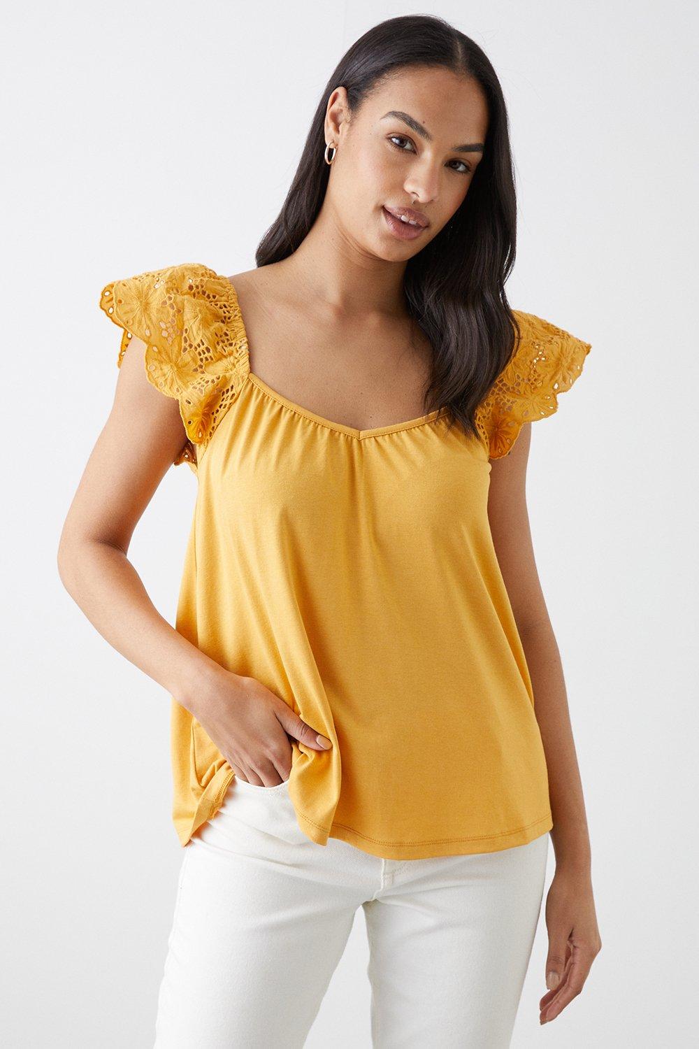 Womens Broderie Frill Sleeve Top