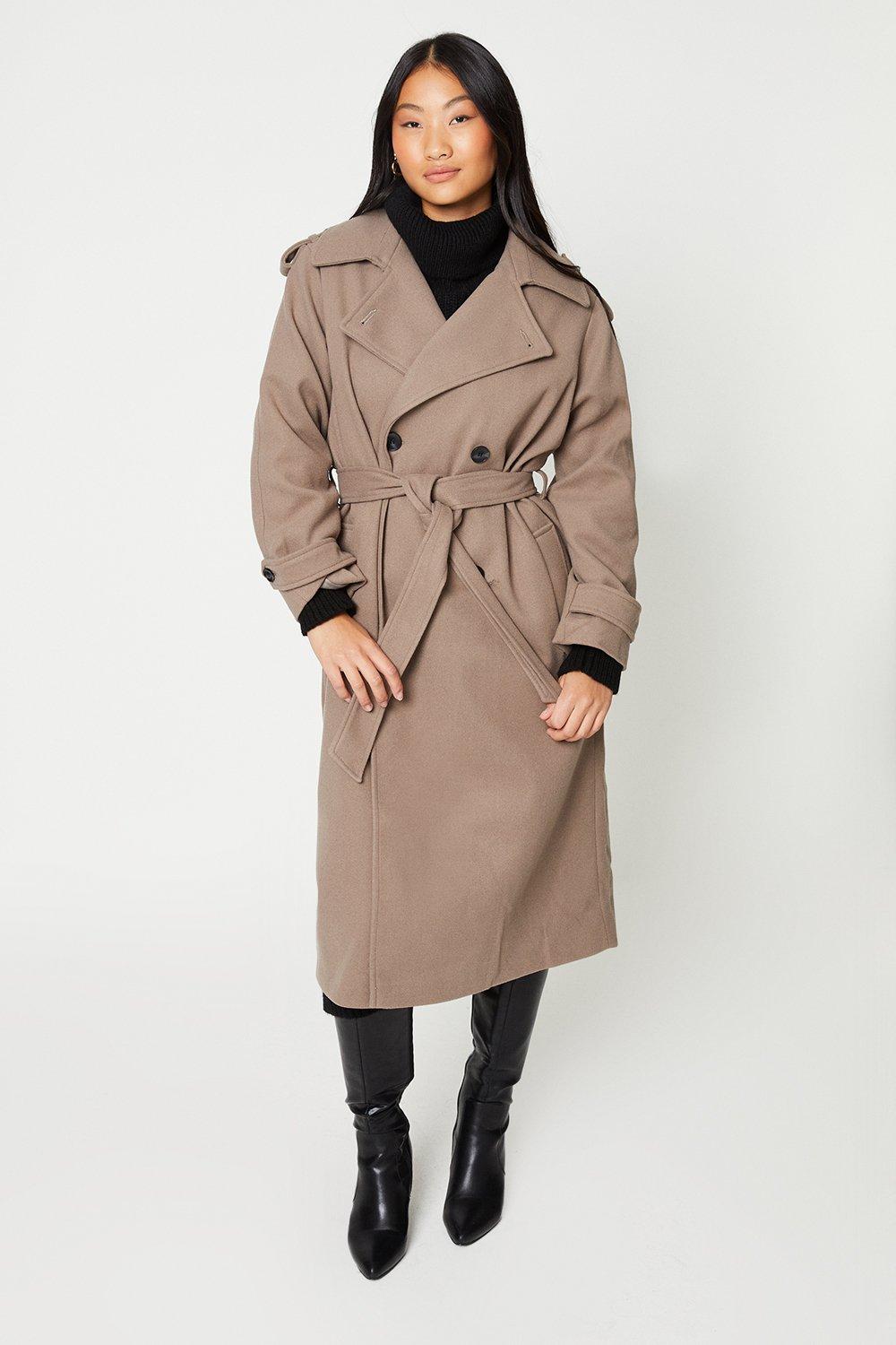 Womens Petite Belted Wool Trench Coat