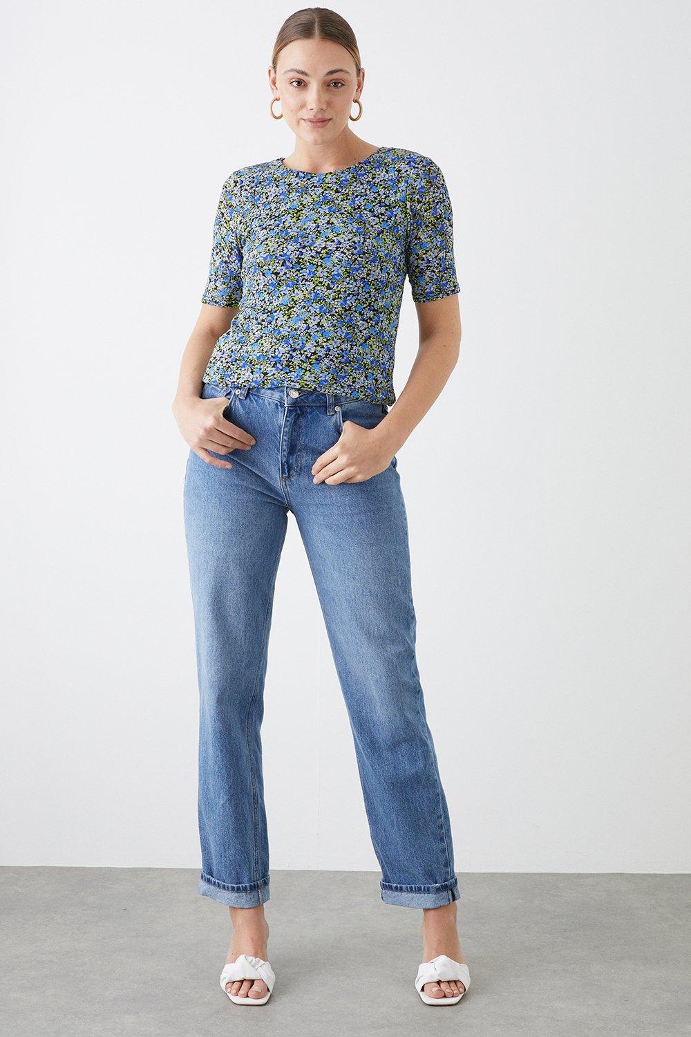 Dorothy Perkins Tall Blue Floral Mesh Short Sleeve Top | Debenhams