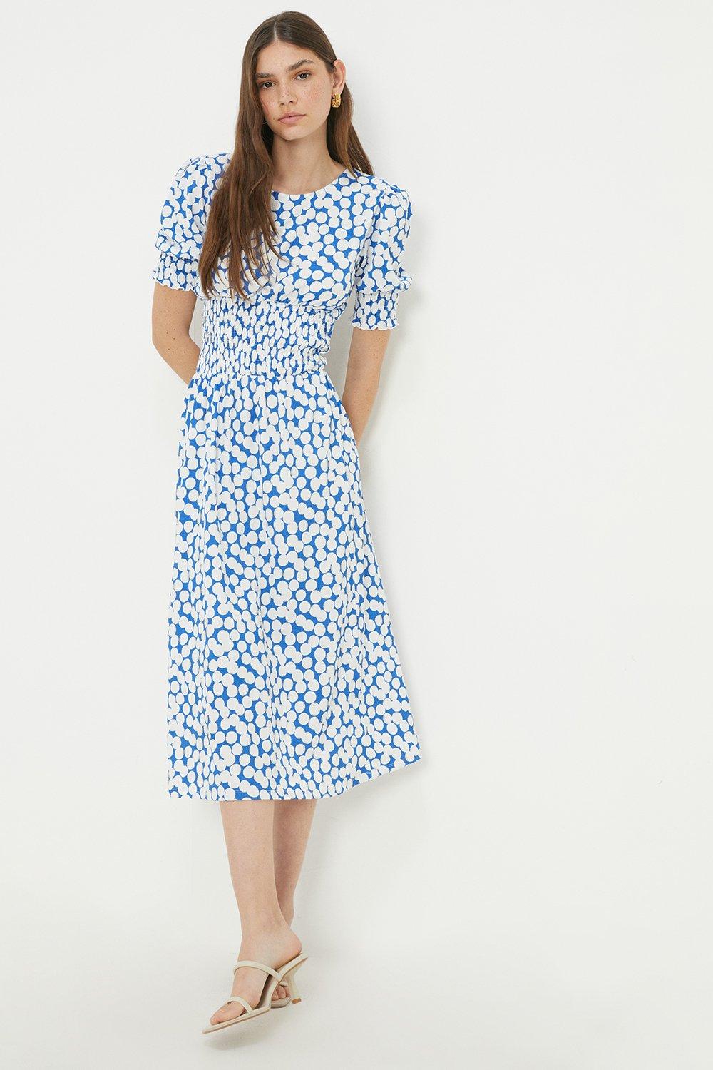 Dorothy Perkins Blue Spot Shirred Waist Midi Dress | Debenhams