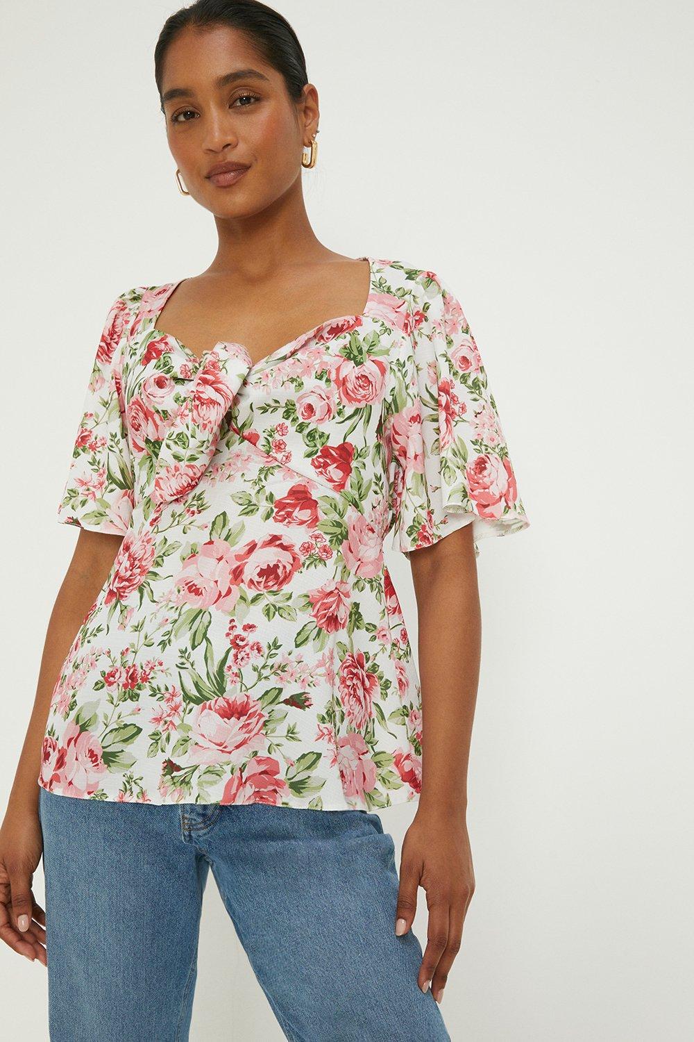 Women’s Rose Printed Tie Front Blouse - ivory - 8