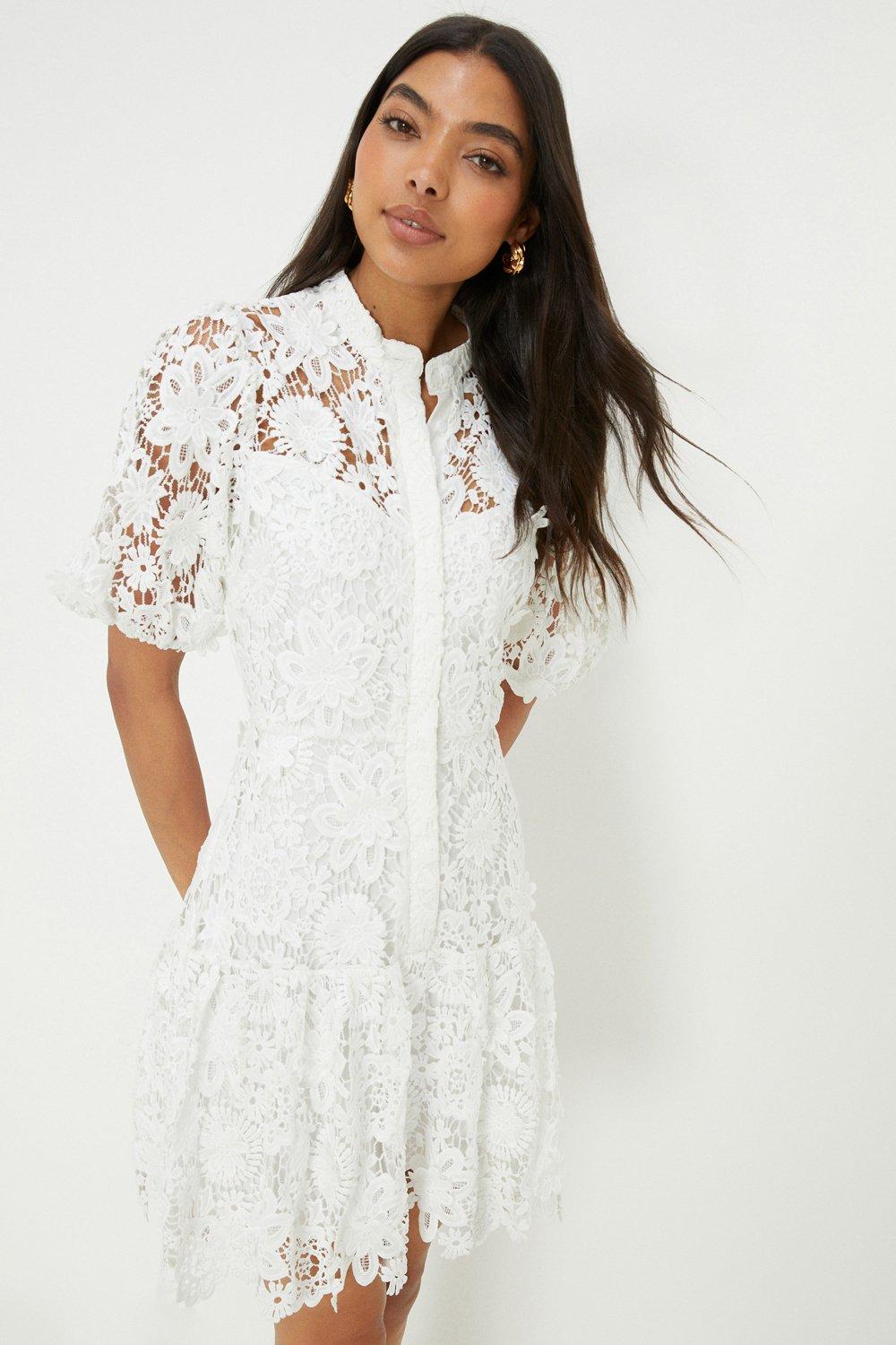 Women’s Lace Mini Shirt Dress - white - 8