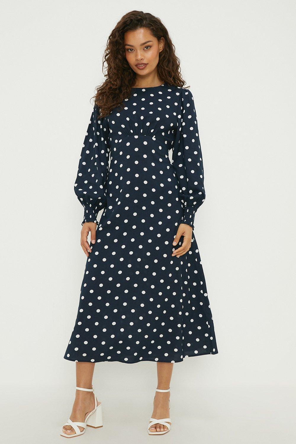 Dorothy Perkins Petite Navy Spot Shirred Cuff Midi Dress | Debenhams