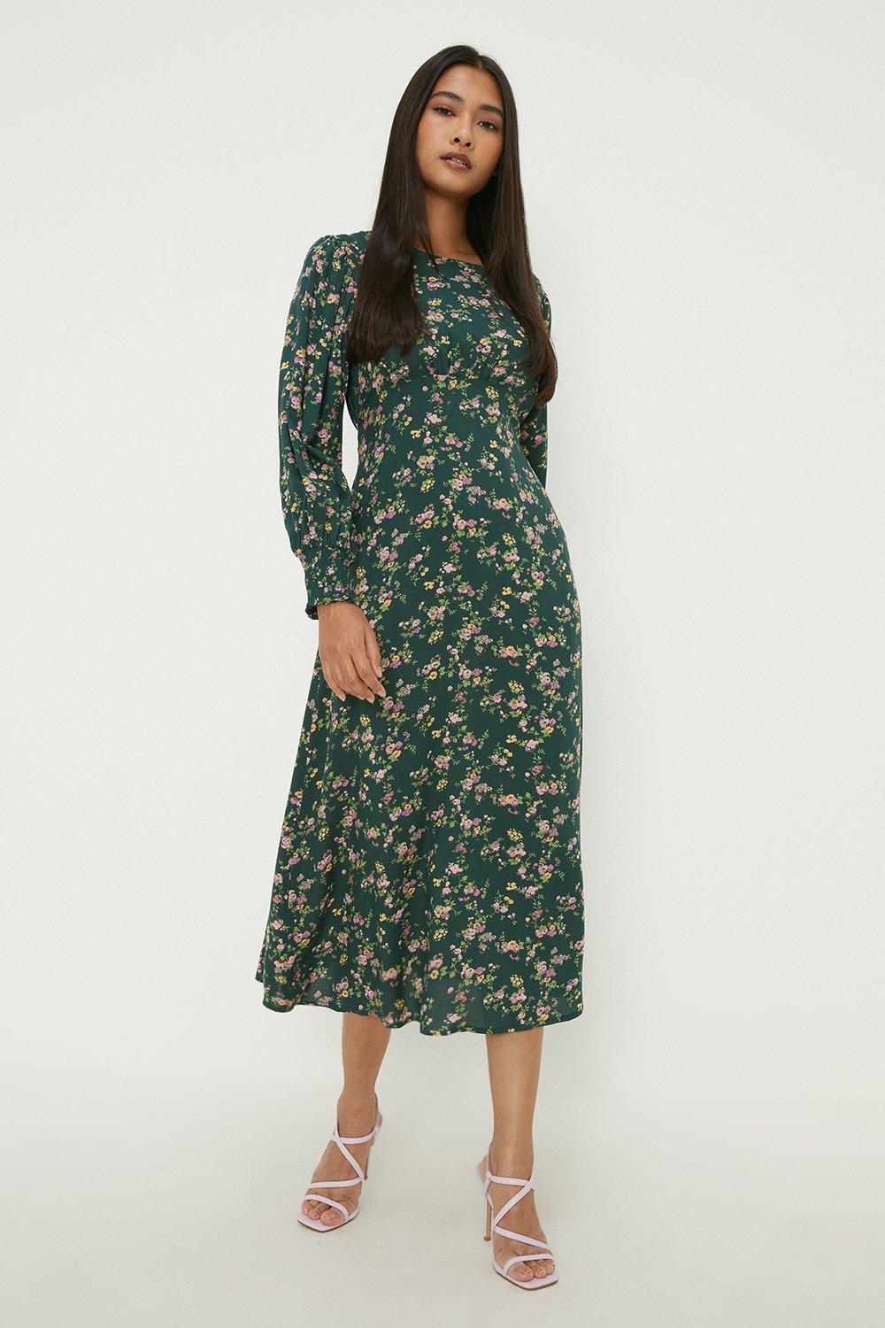 Dorothy Perkins Petite Green Floral Shirred Cuff Midi Dress | Debenhams