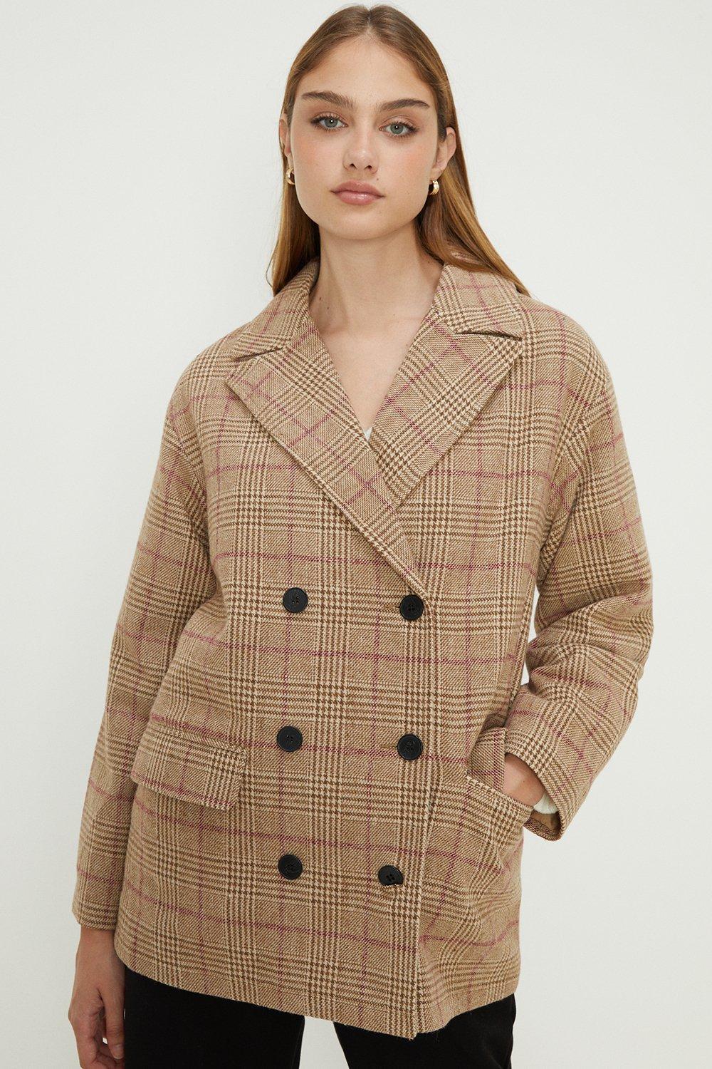 Womens Checked Double Breasted Coat