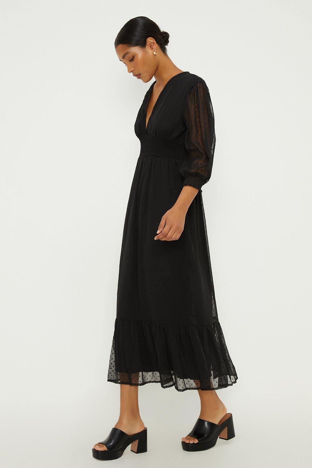 Womens Black Dobby Chiffon Shirred Waist Midi Dress
