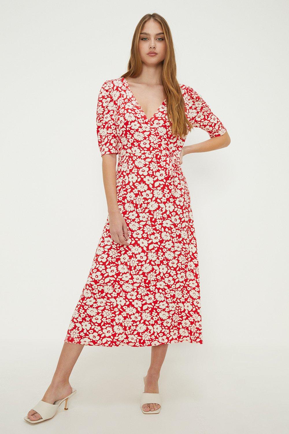 Women’s Red Floral Ruched Sleeve Wrap Dress - 8