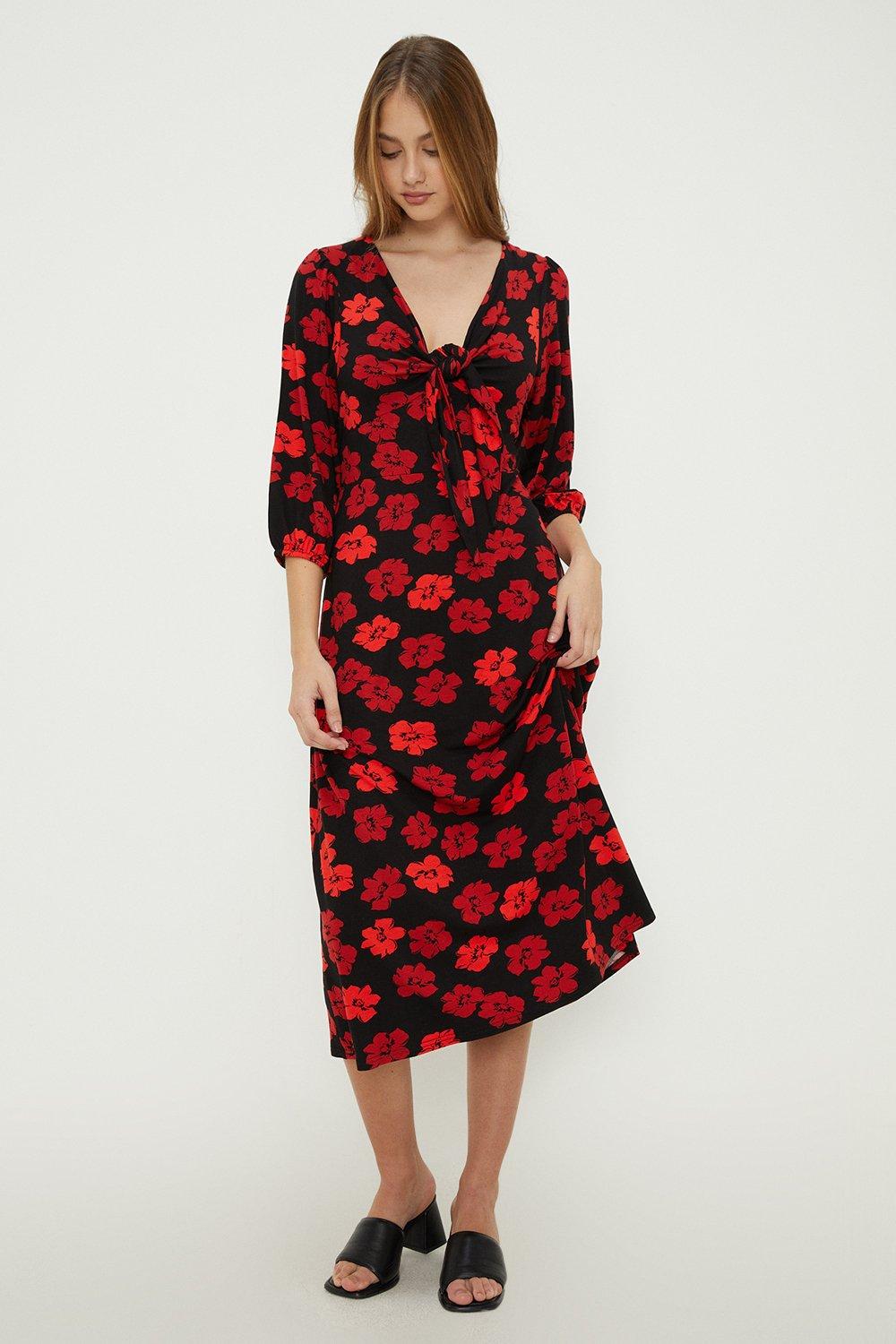 Womens Red Floral Tie Front Midi Dress