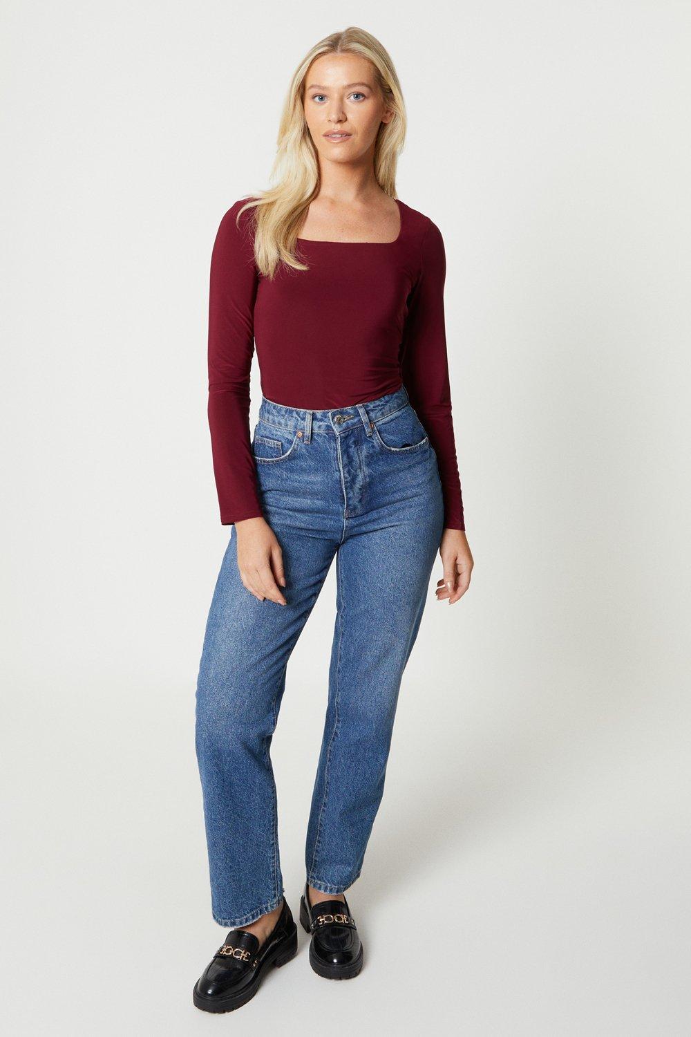 Women’s Double Layer Slinky Square Neck Long Sleeve Top - berry - XL