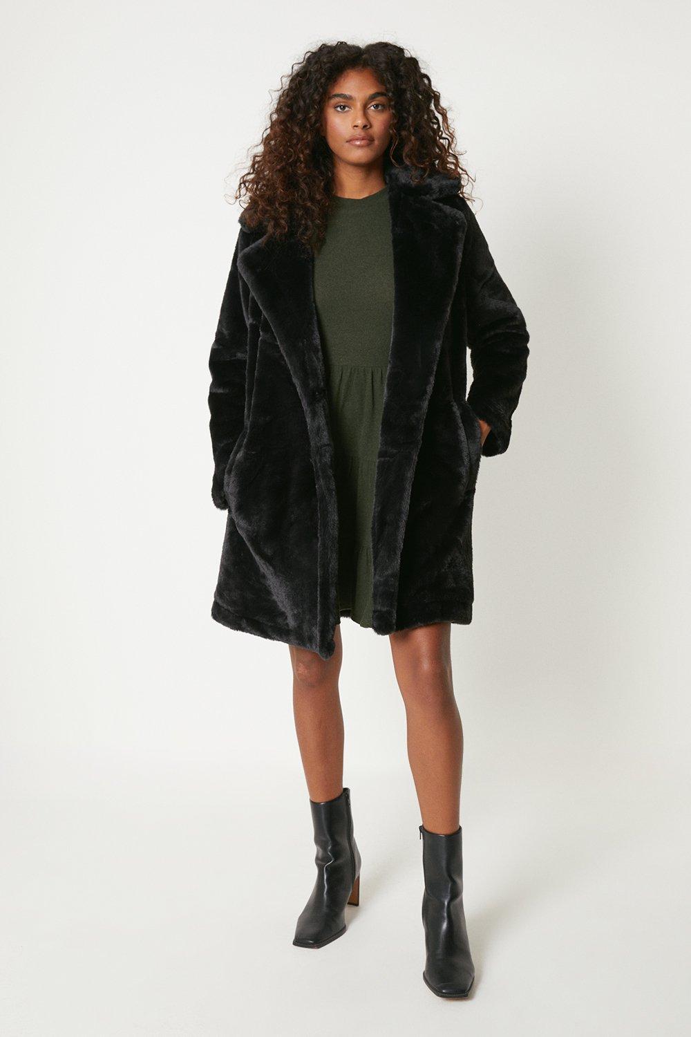 Women’s Faux Fur Midi Coat - black - 10