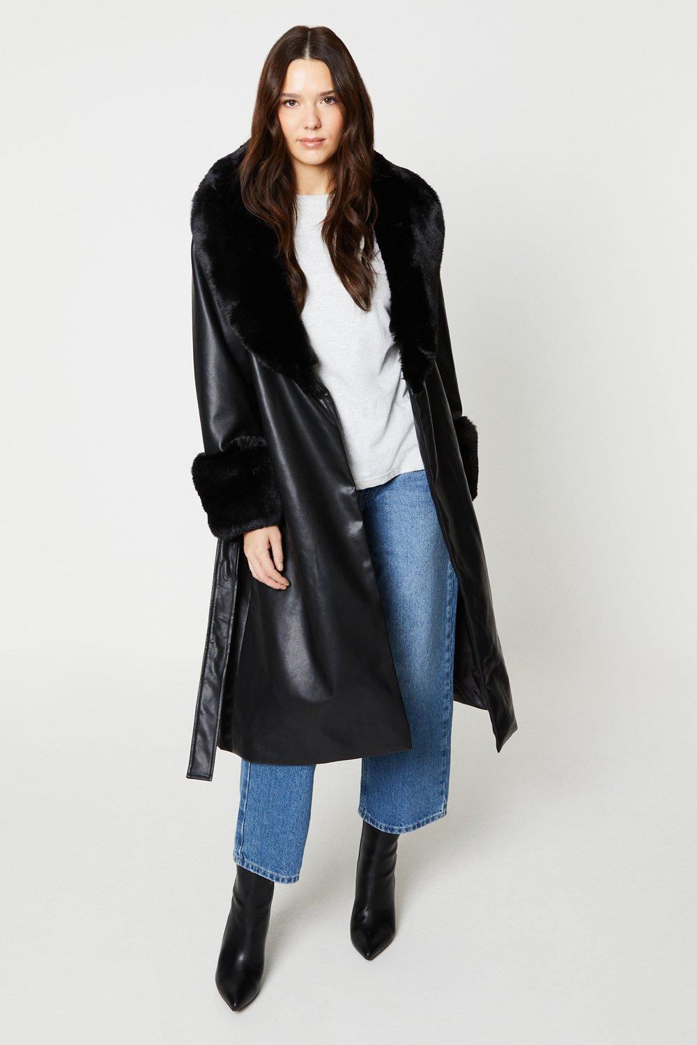 Women’s Faux Leather Faux Fur Belted Coat - black - 14