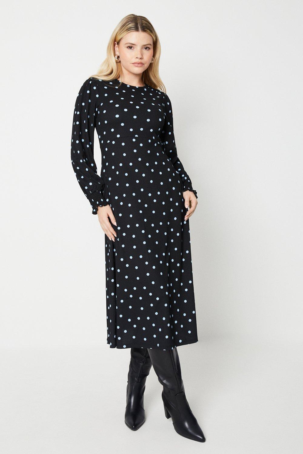 Women’s Blue Spot Shirred Cuff Midi Dress - black - 8