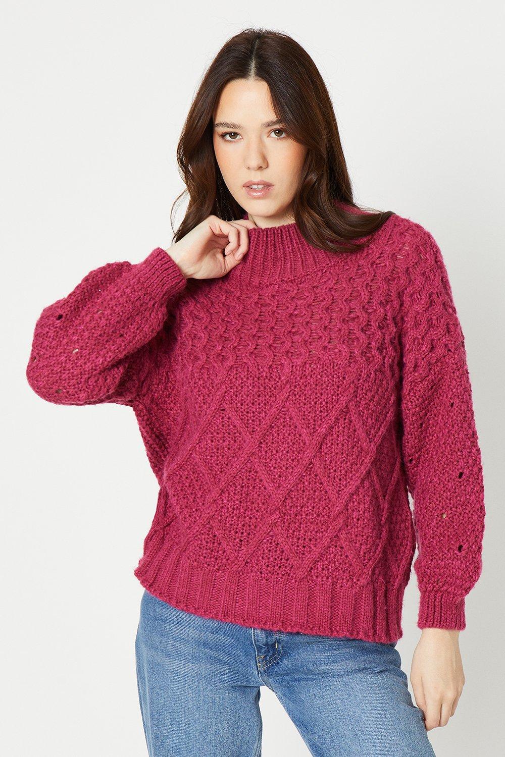 Womens Honey Comb Stitch Detail Block Cable Jumper