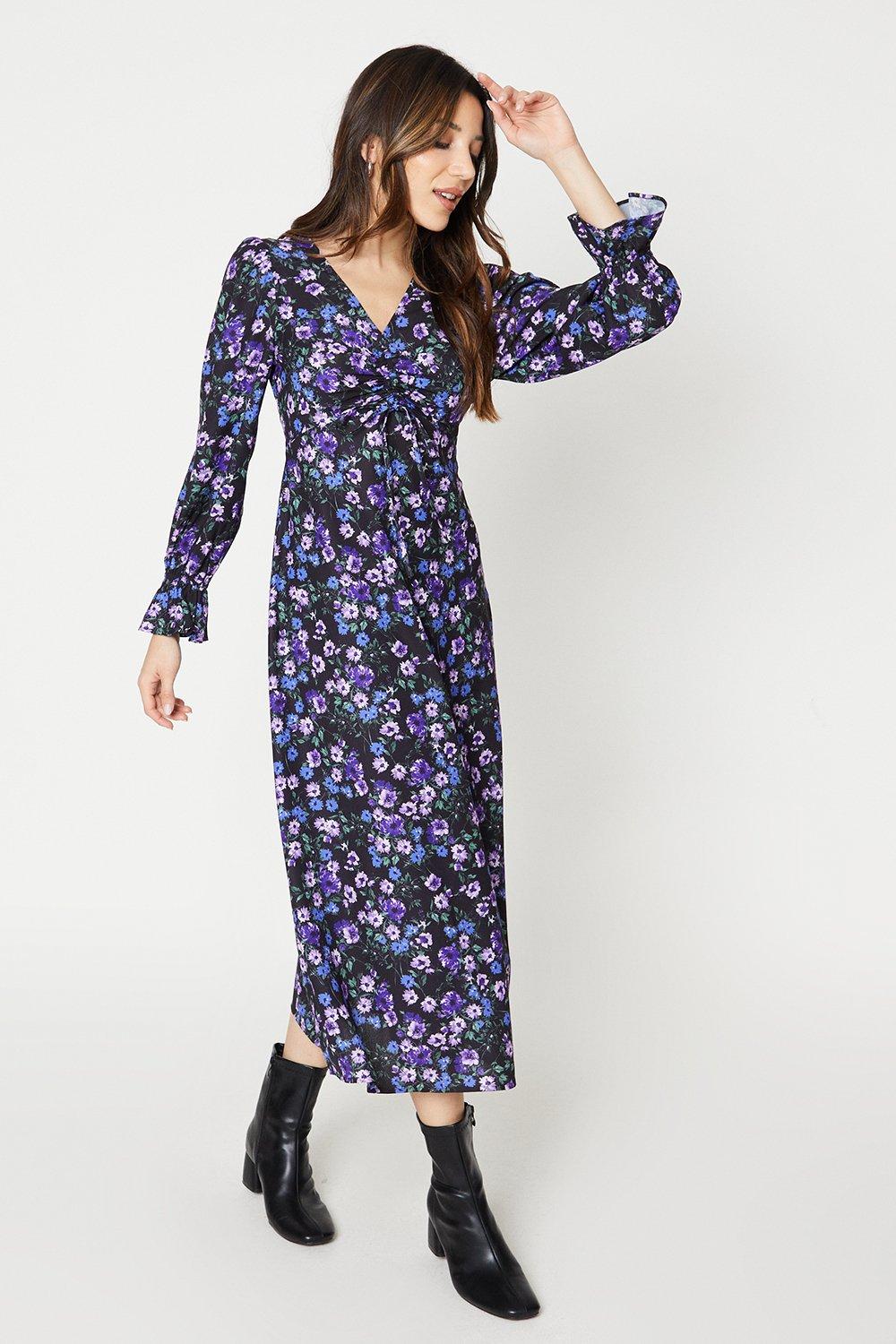 Women's Petite Floral Ruched Front V Neck Midi Dress - 4 product