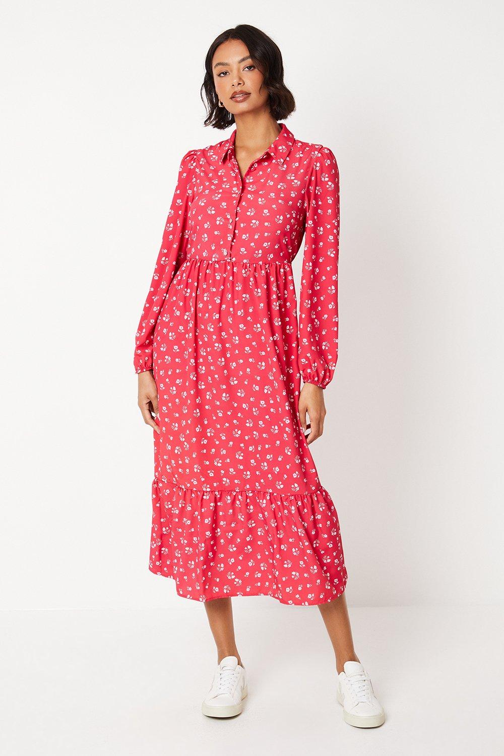 Womens Red Floral Smock Midi Shirt Dress