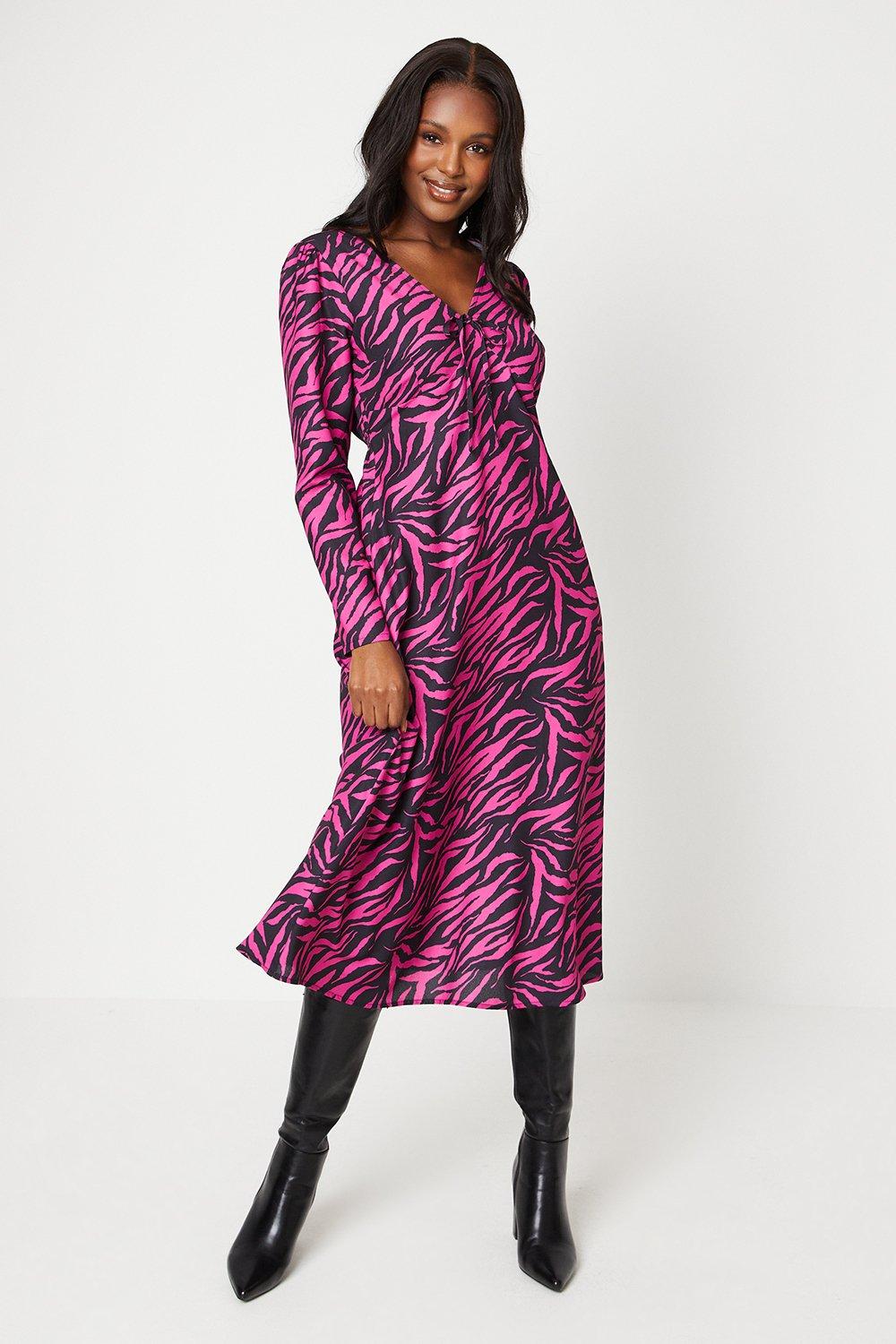 Women’s Pink Zebra Tie Front Midi Dress - 8