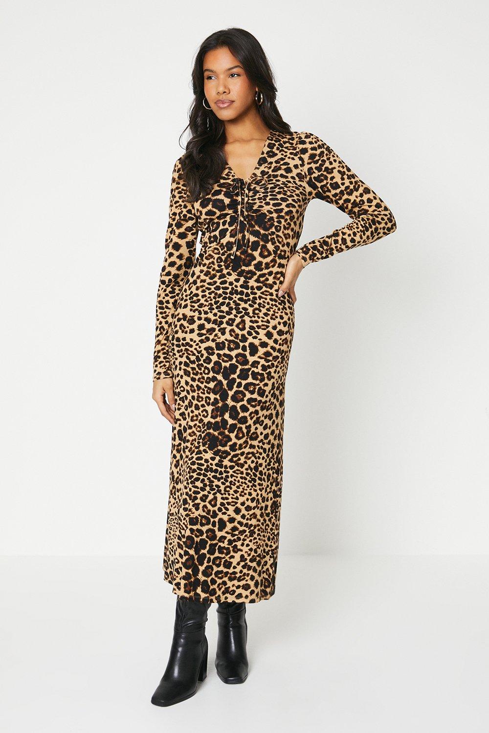 Women’s Tall Leopard V Neck Tie Front Detail Midi Dress - 14