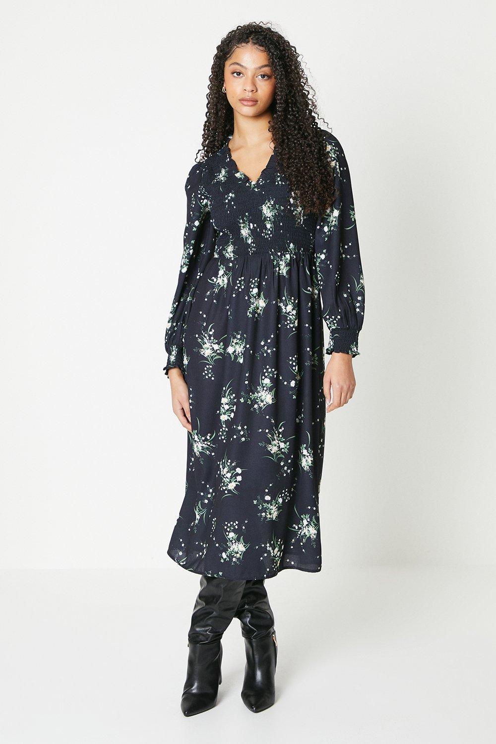 Women’s Floral V Neck Shirred Waist Midi Dress - 10