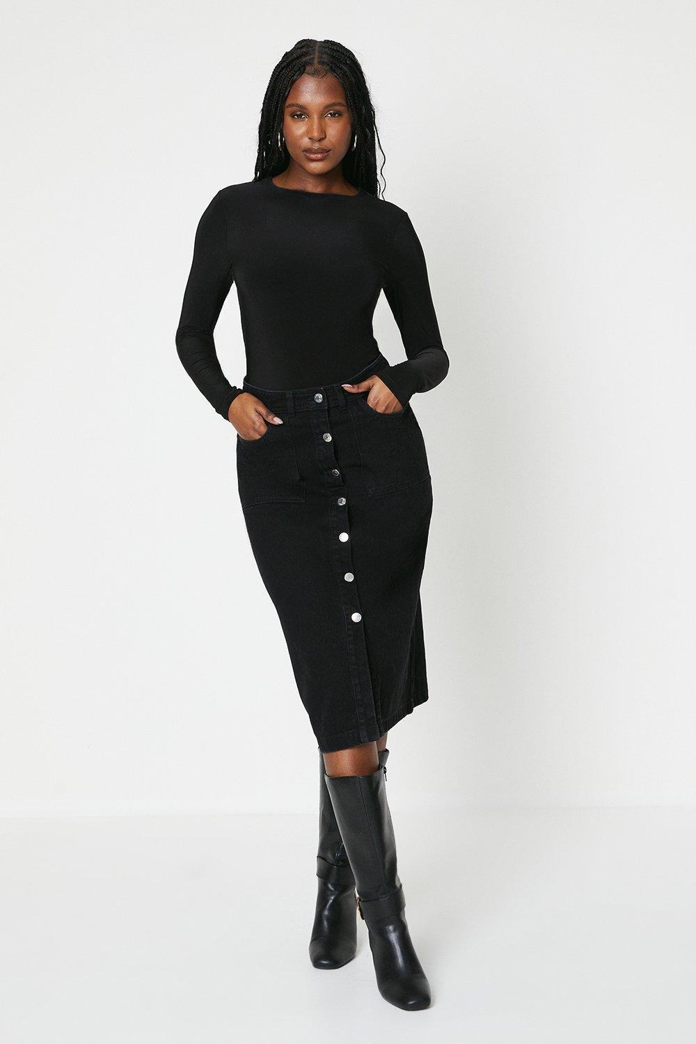 Women’s Denim Button Through Maxi Skirt - black - 8