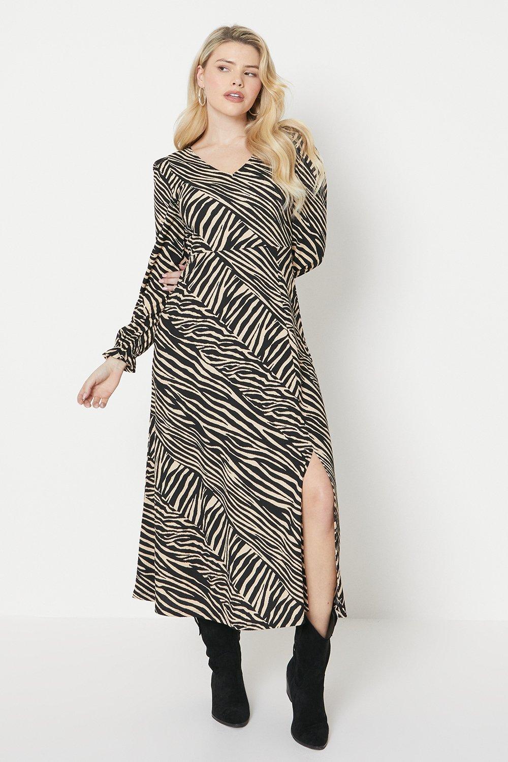 Womens Zebra V Neck Midi Dress