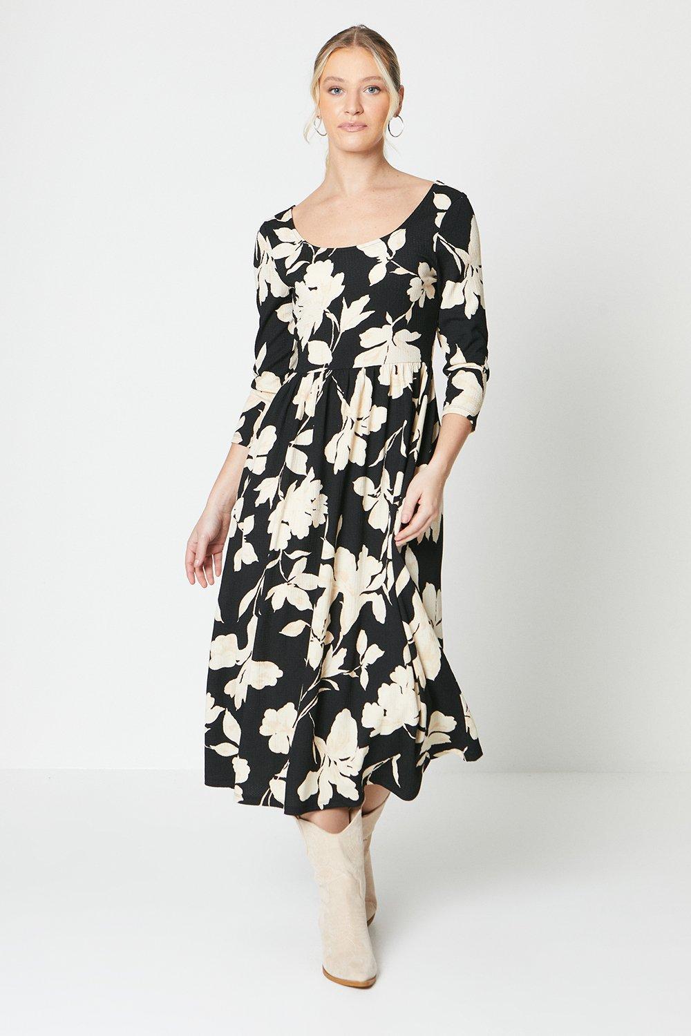 Womens Floral Scoop Neck  Sleeve Midi Dress