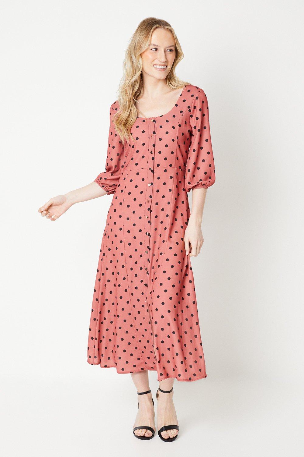 Women’s Spot Kitty Button Through Midi Dress 3/4 Sleeve - pink - 14