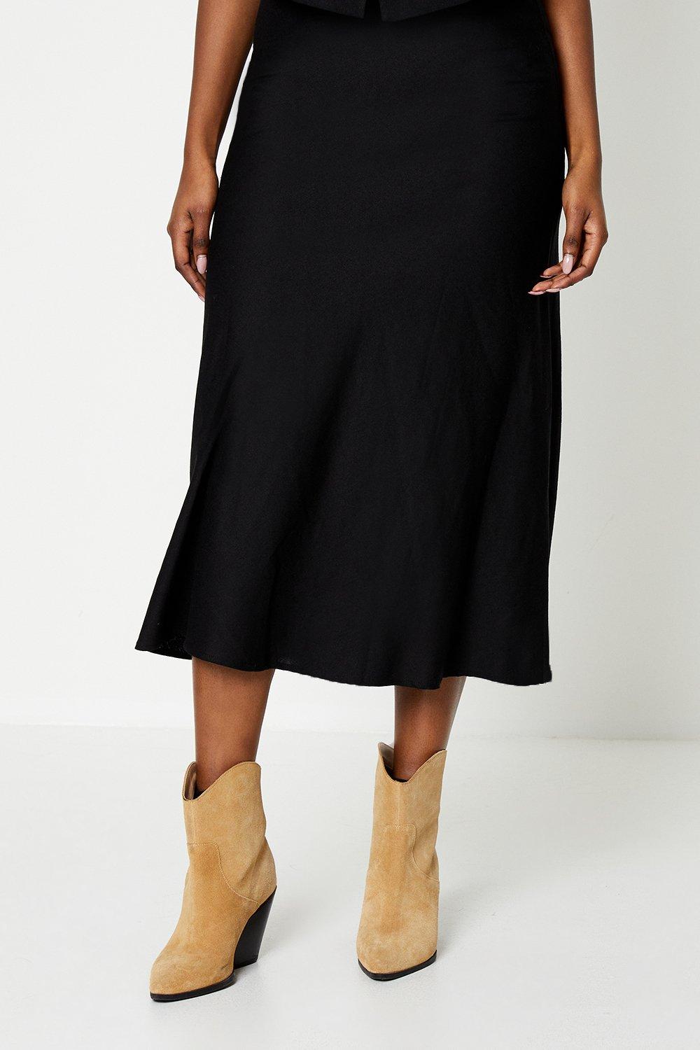 Women’s Linen Look Bias Cut Midi Skirt - black - 14