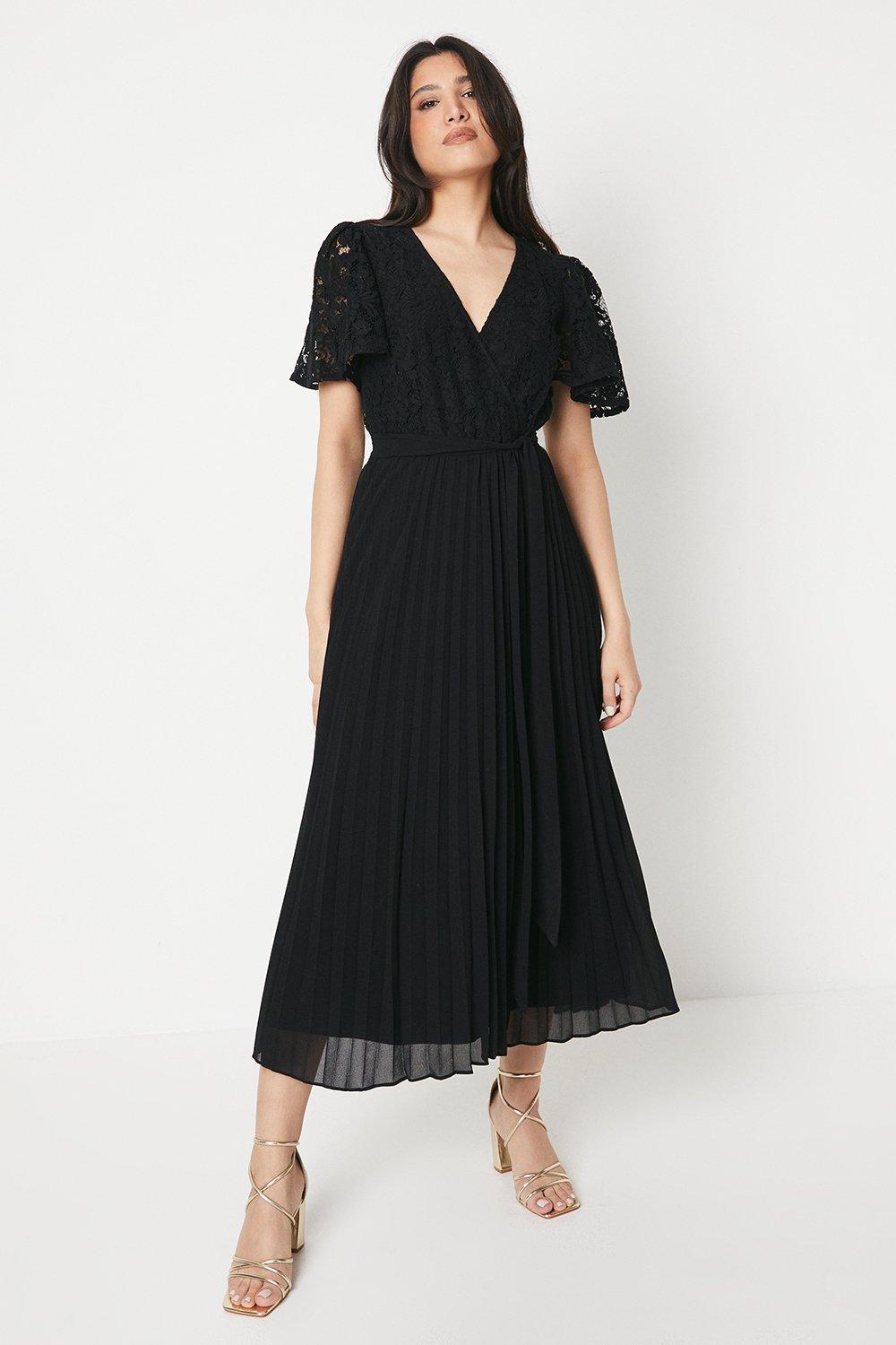 Women’s Lace Pleated Wrap Midi Dress - black - 12