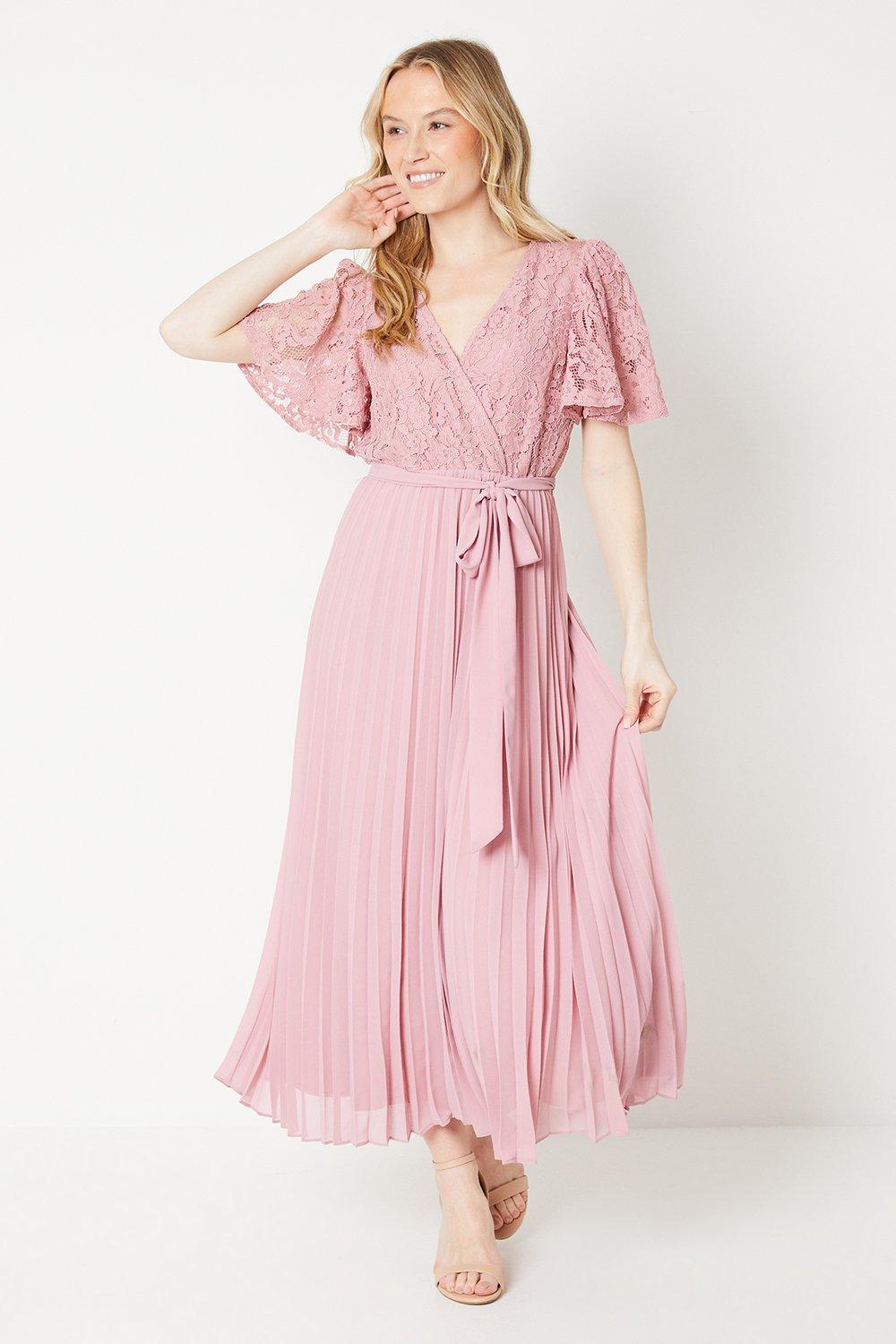 Women’s Lace Pleated Wrap Midi Dress - pink - 14