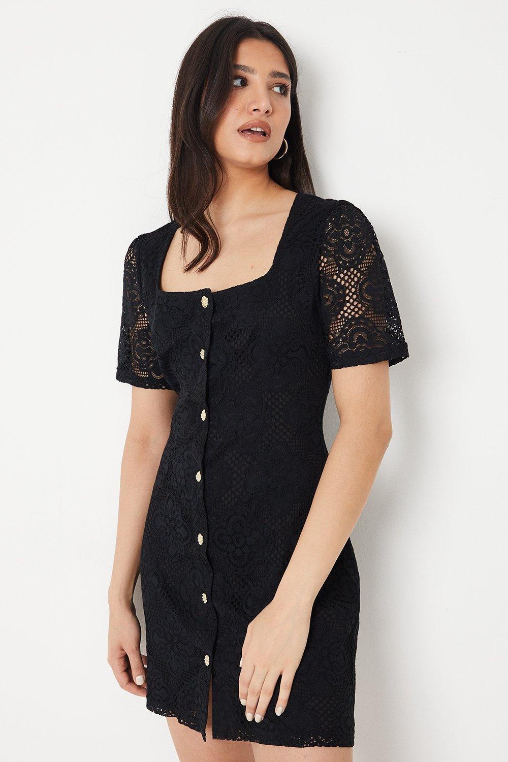 Women’s Lace Button Through Mini Dress - black - 18