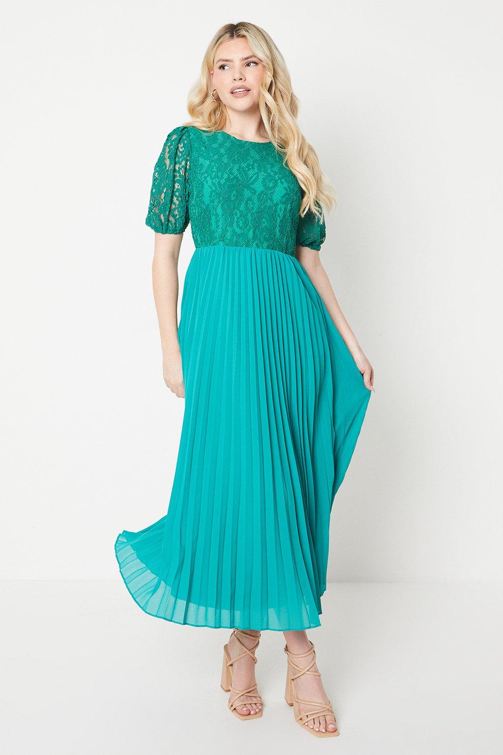 Womens Lace Pleated Chiffon Midi Dress