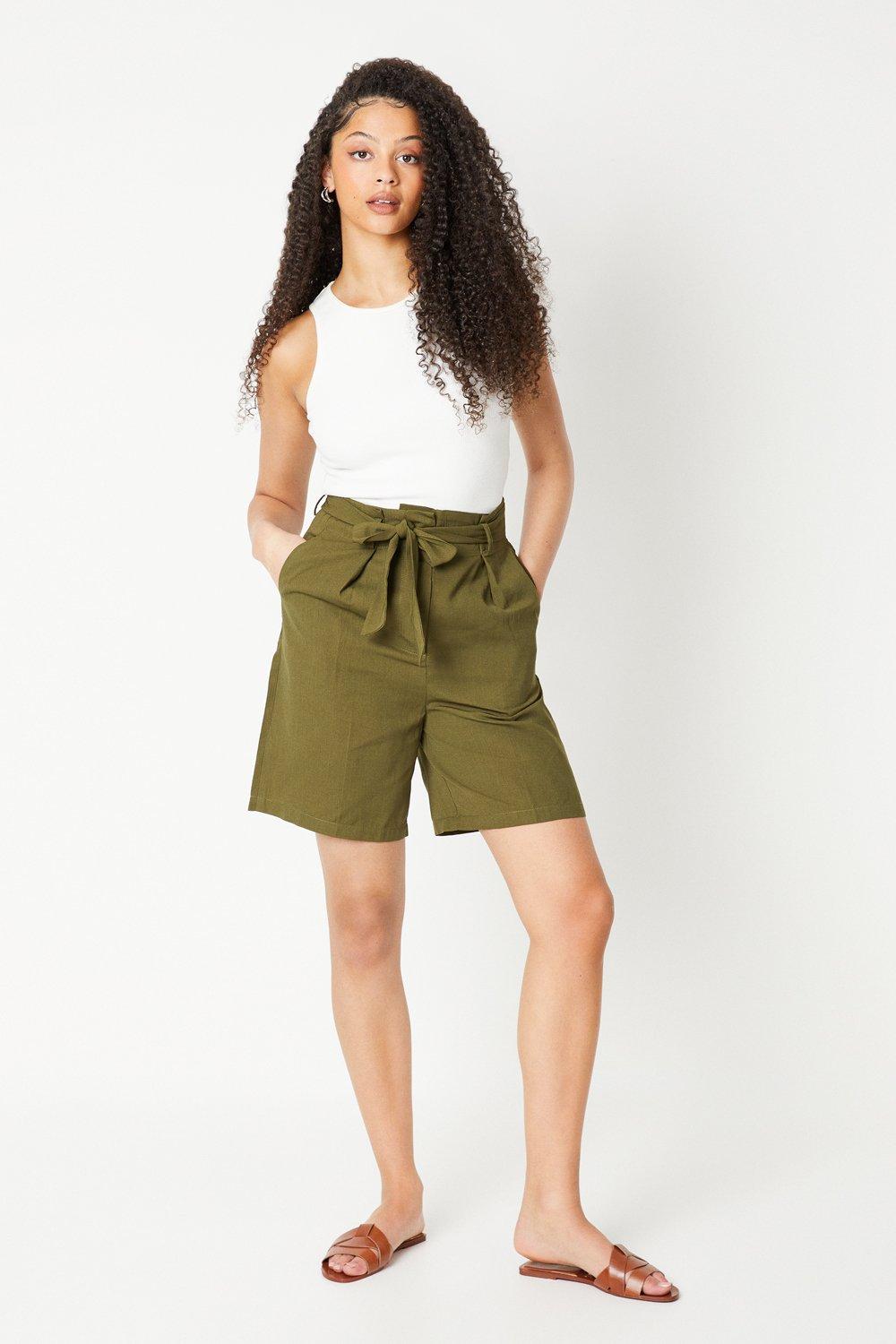 Womens Tall Belted Paperbag Waist Shorts