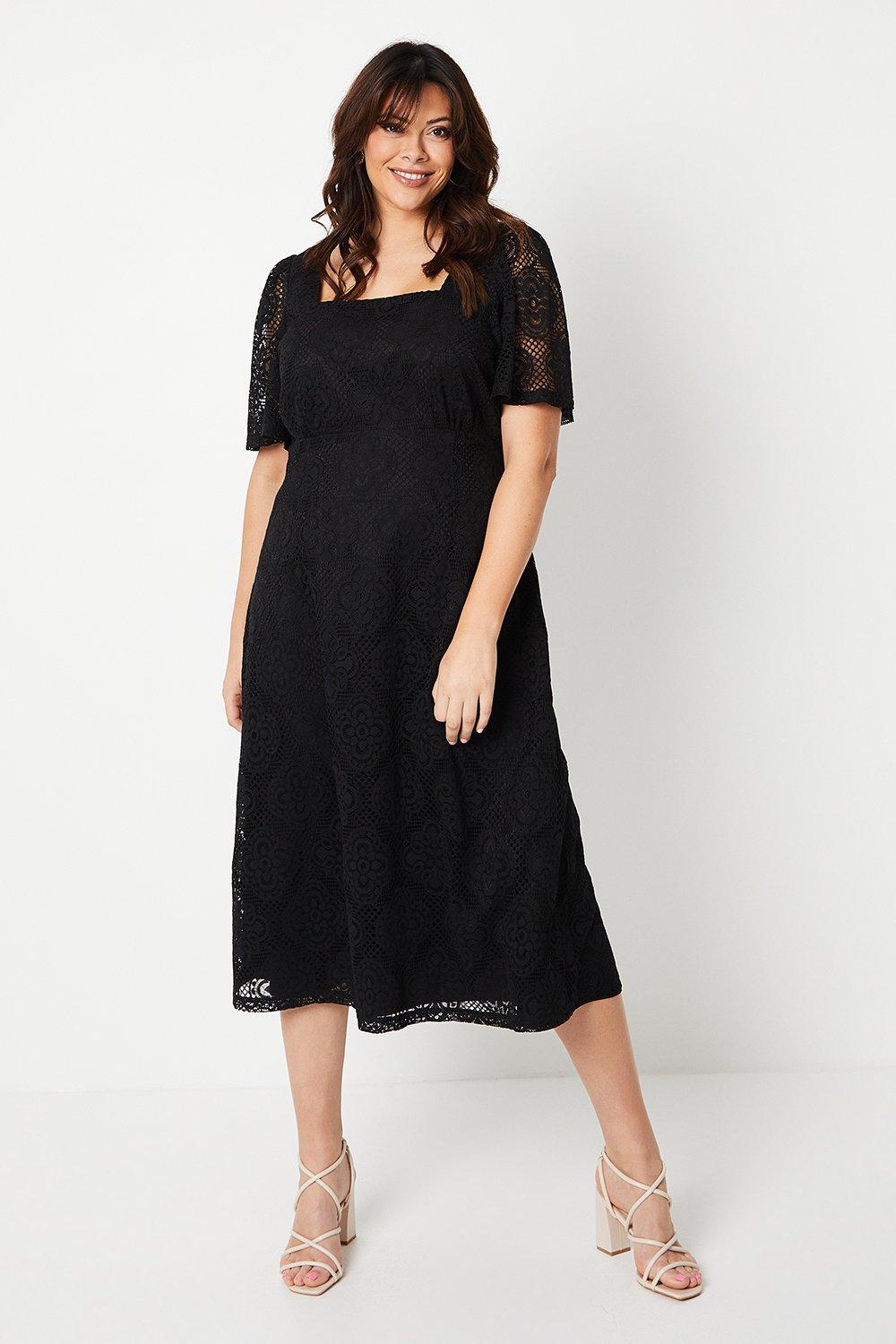 Women's Curve Lace Square Neck Midi Dress - black - 24