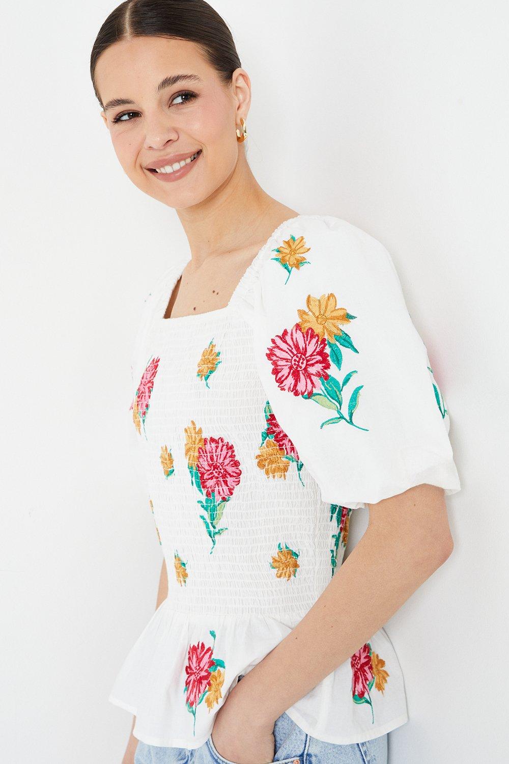 Womens Floral Embroidered Shirred Bodice Blouse