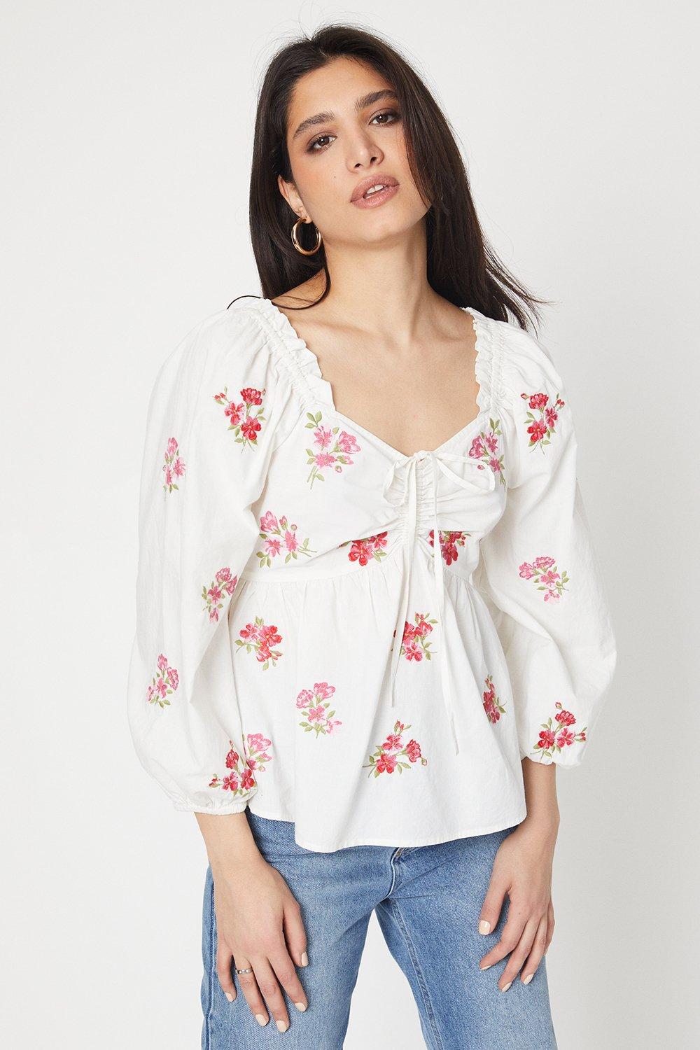 Womens Embroidered Ruched Front Blouse