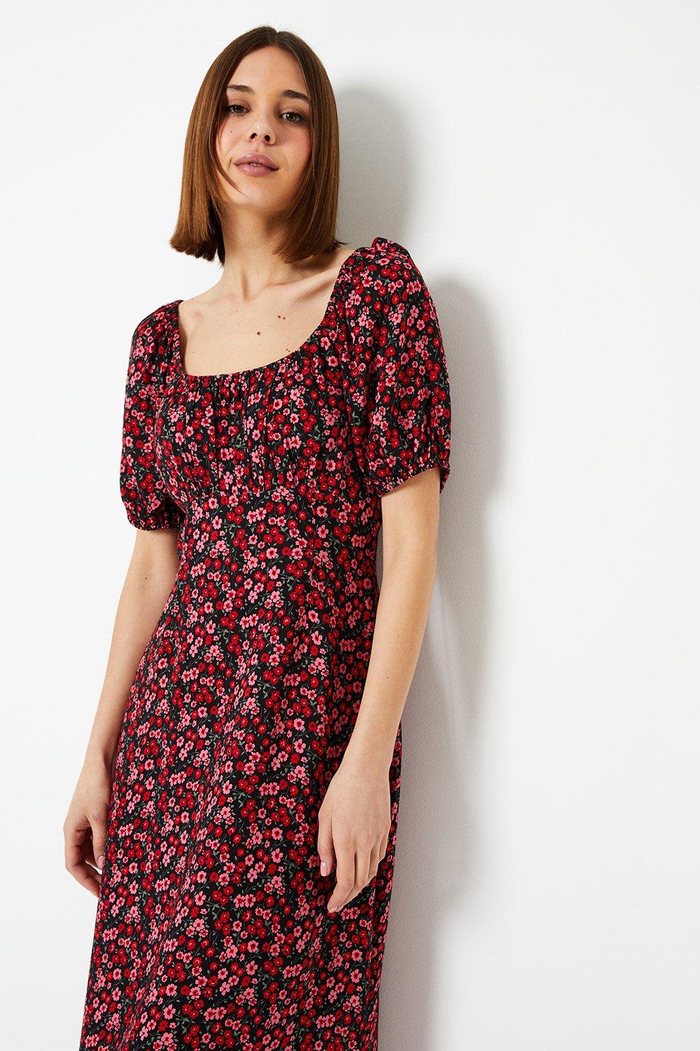 Women’s Ditsy Scoop Neck Short Sleeve Midi Dress - floral - 8